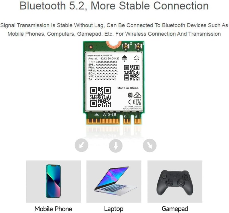Waveshare Wireless AX210 NIC, Gigabit Tri-Band Wi-Fi 6E, 802.11AX Standard, Bluetooth 5.2, AX210 NGW WiFi Card, MU-MIMO NGFF (M.2 A/E Key) Interface,Support Linux, Windows 10/8.1/8/7 - Image 3